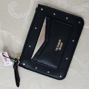Victoria's Secret small wristlet key holder coin purse black gold heart studded